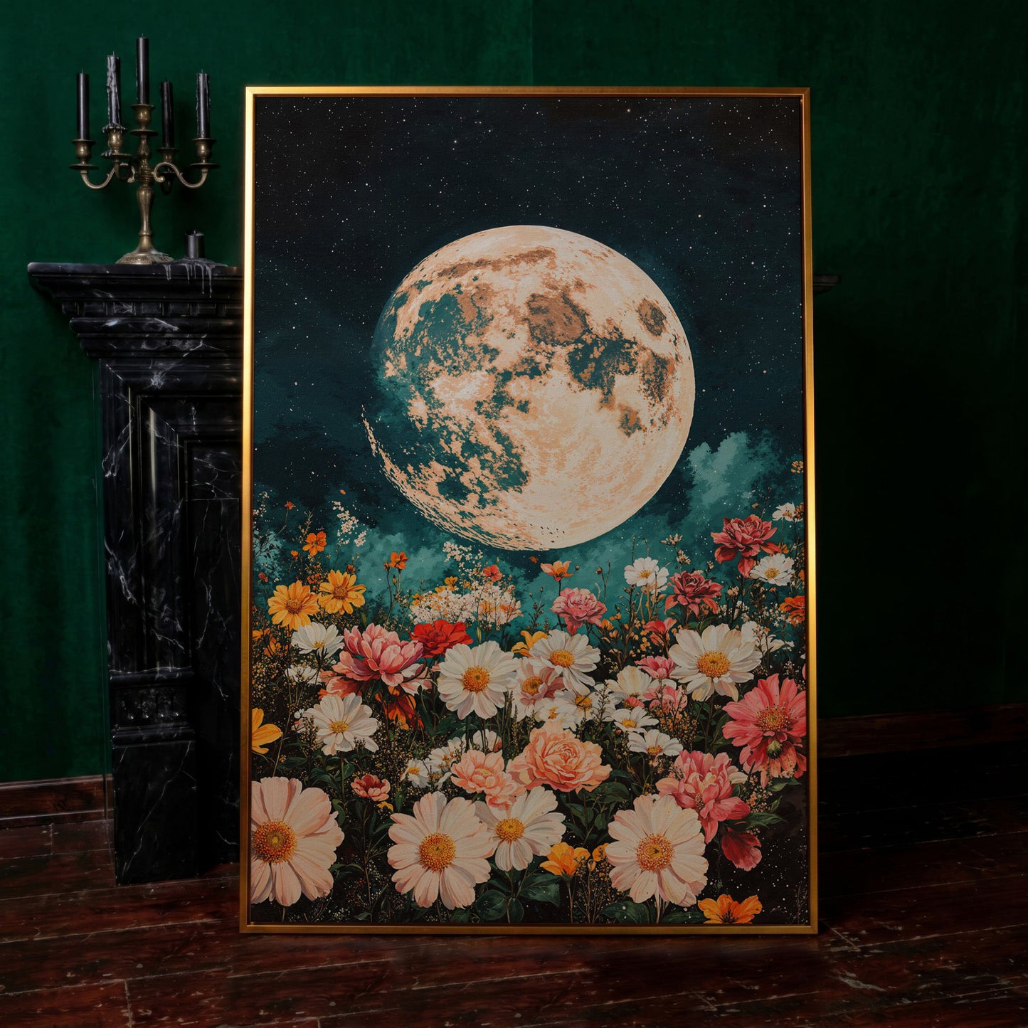 Full Moon Over Floral Field Canvas Print in antique gold floating frame