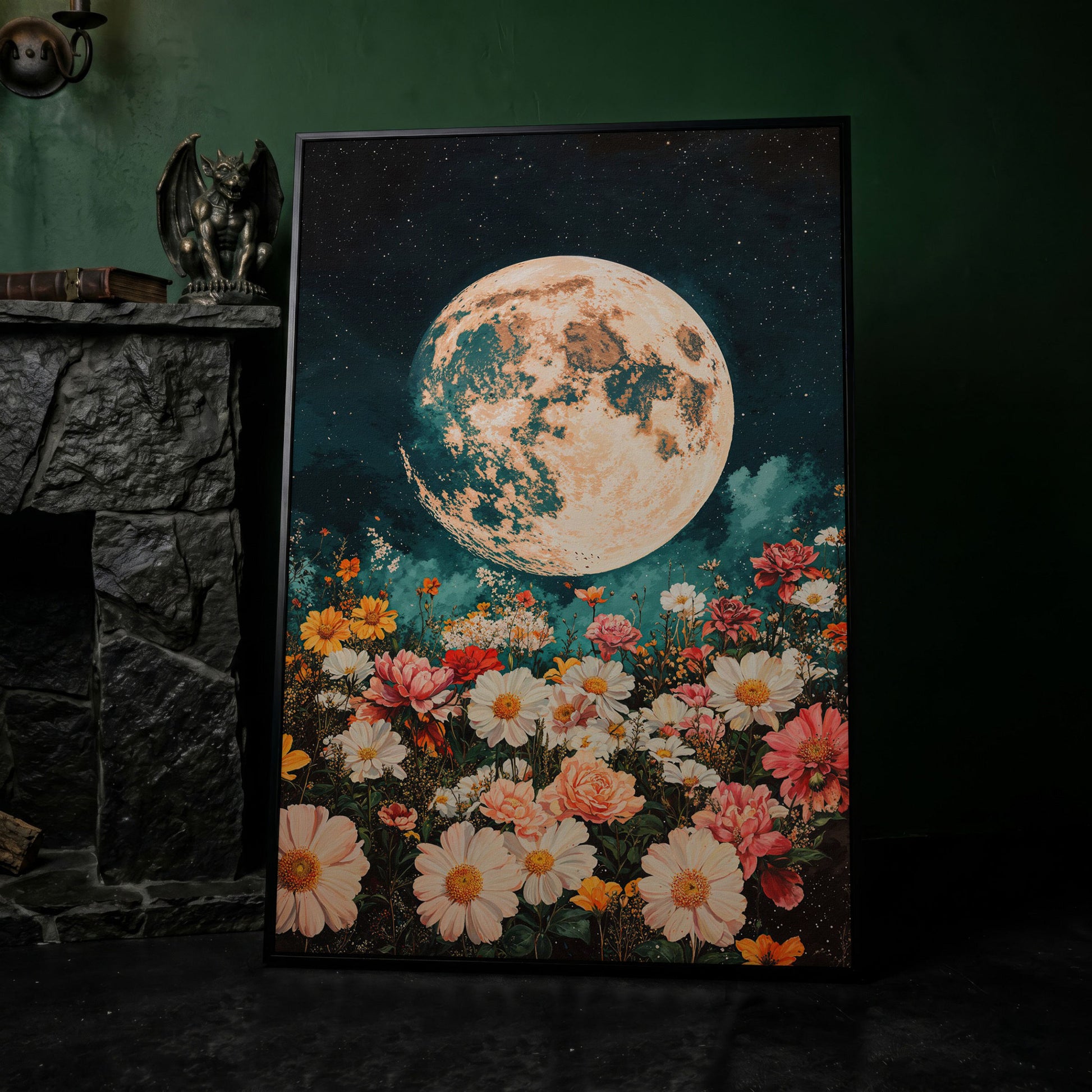 Full Moon Over Floral Field Canvas Print in black floating frame