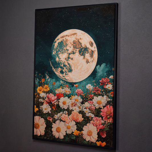 Full Moon Over Floral Field Canvas Print shown in black floating frame