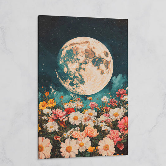 Full Moon Over Floral Field Canvas Print on gallery wrap