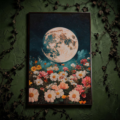 Full Moon Over Floral Field Canvas Print in dark walnut floating frame
