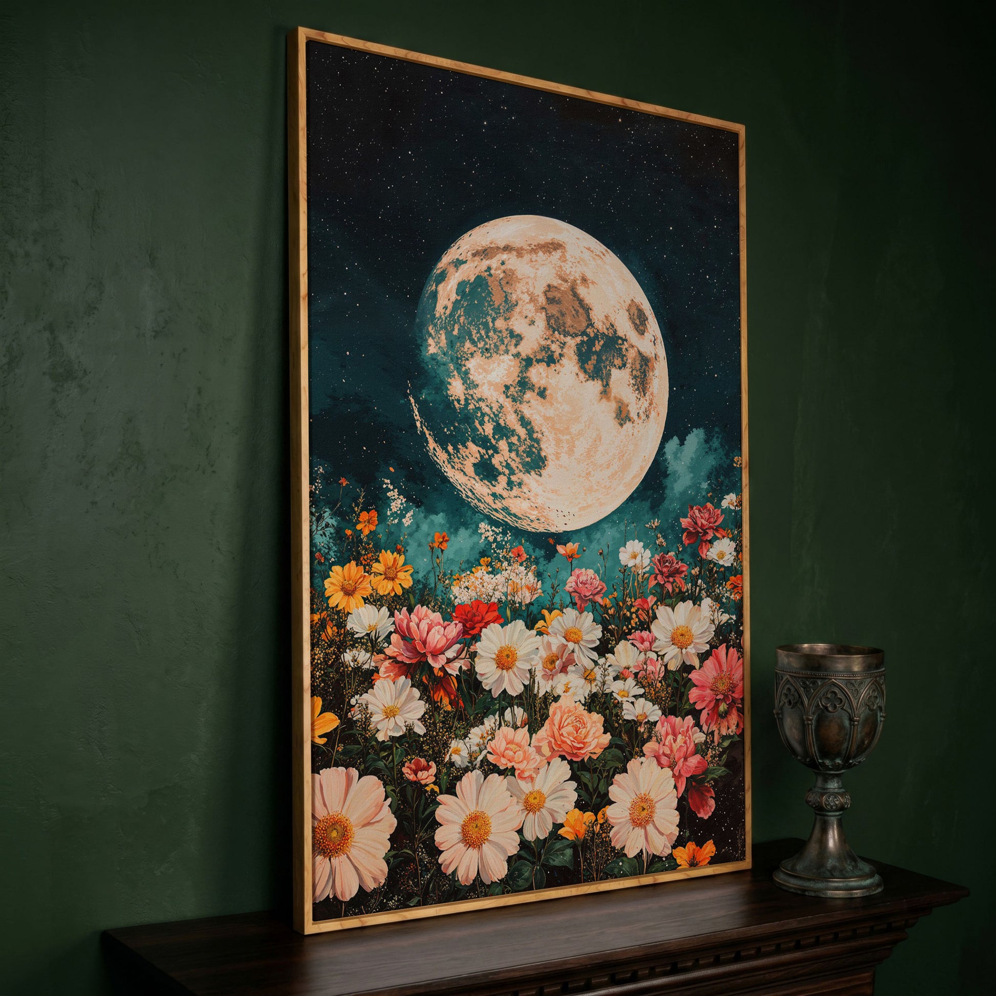 Full Moon Over Floral Field Canvas Print in white oak floating frame