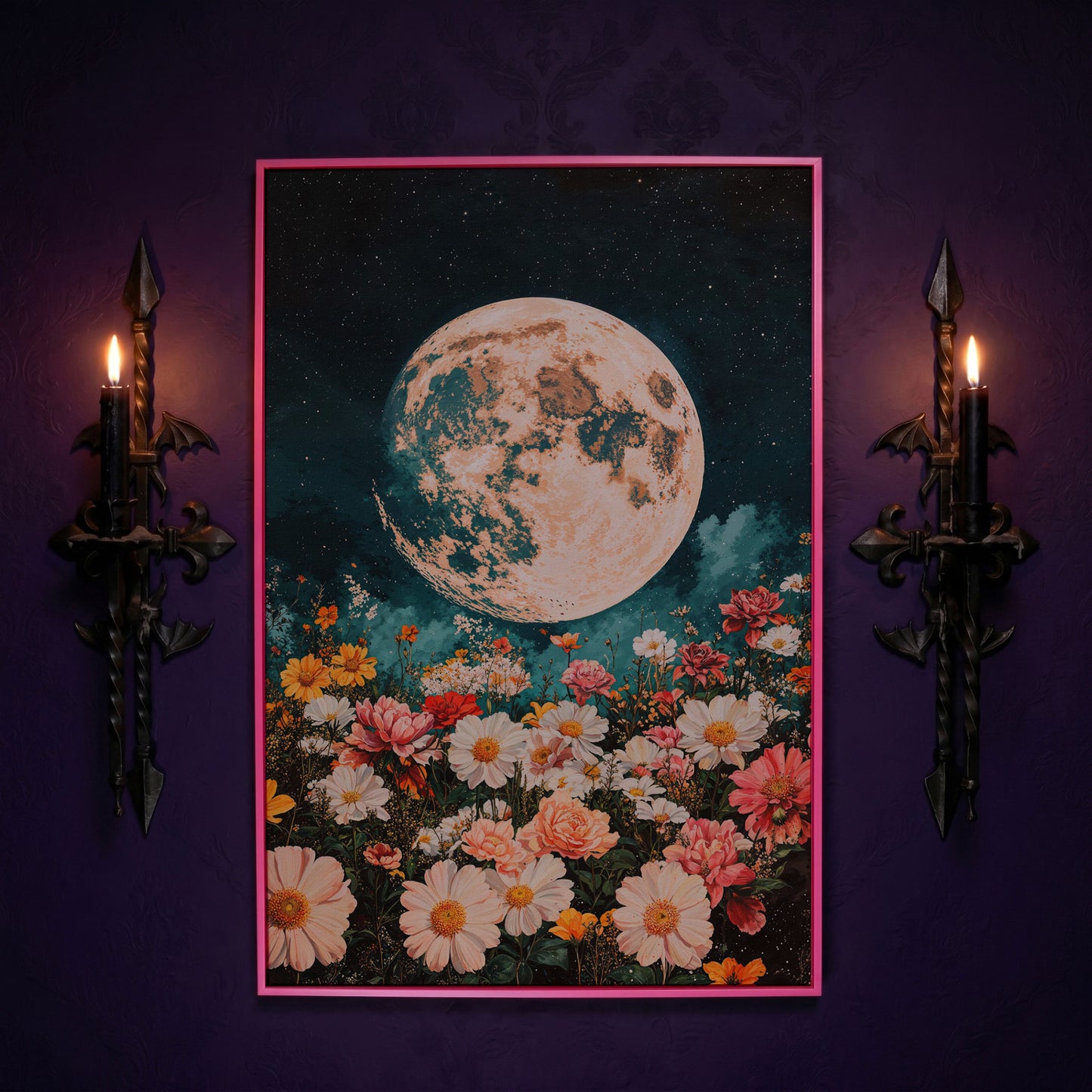 Full Moon Over Floral Field Canvas Print in pink floating frame