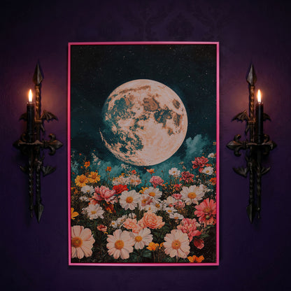 Full Moon Over Floral Field Canvas Print in pink floating frame