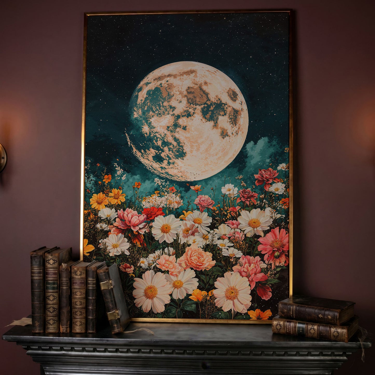 Full Moon Over Floral Field Canvas Print in rose gold floating frame