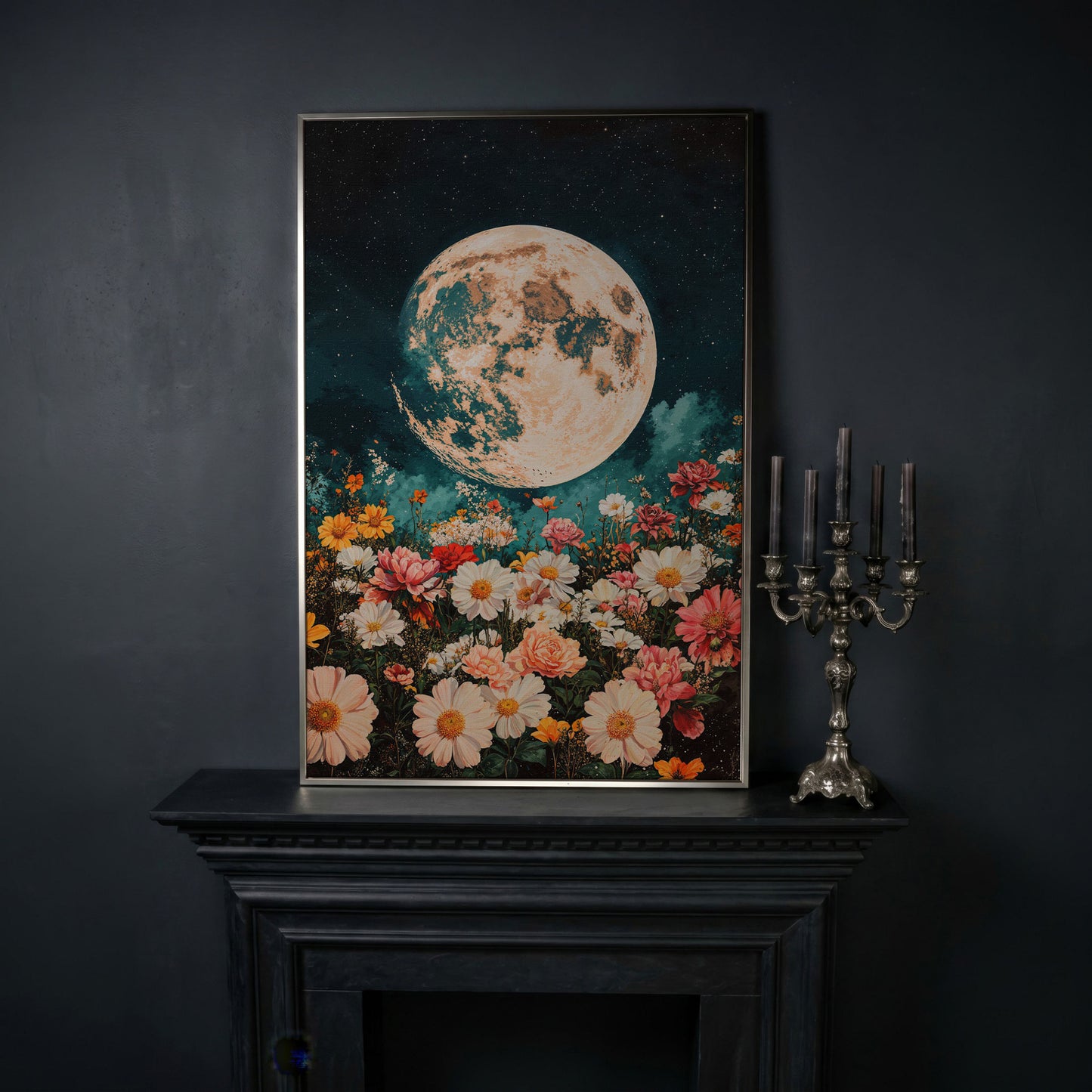 Full Moon Over Floral Field Canvas Print in silver floating frame