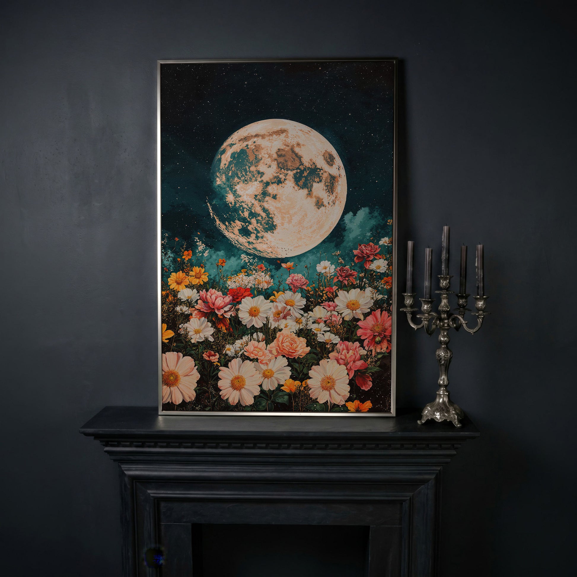 Full Moon Over Floral Field Canvas Print in silver floating frame