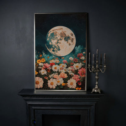 Full Moon Over Floral Field Canvas Print in silver floating frame