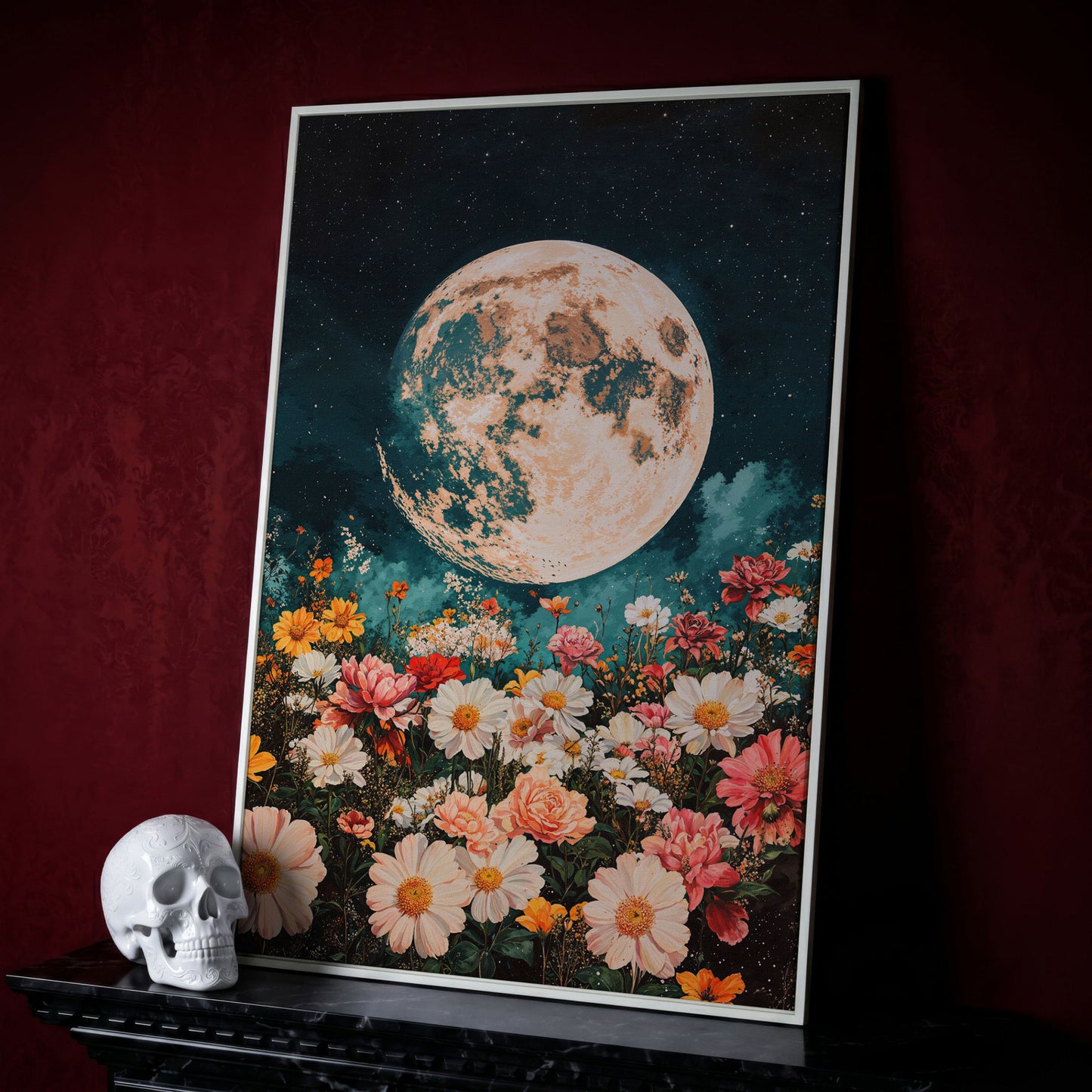 Full Moon Over Floral Field Canvas Print in white floating frame