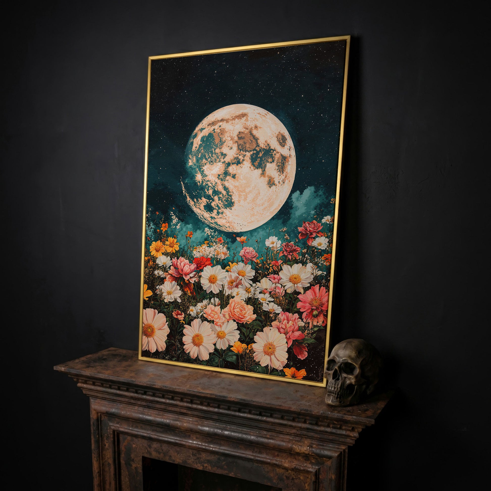 Full Moon Over Floral Field Canvas Print in yellow gold floating frame