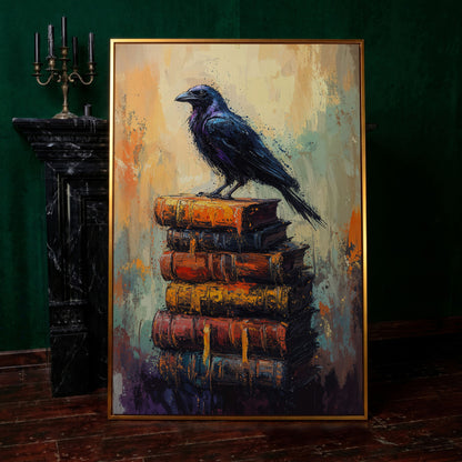Black Raven on Book Stack Canvas in antique gold floating frame