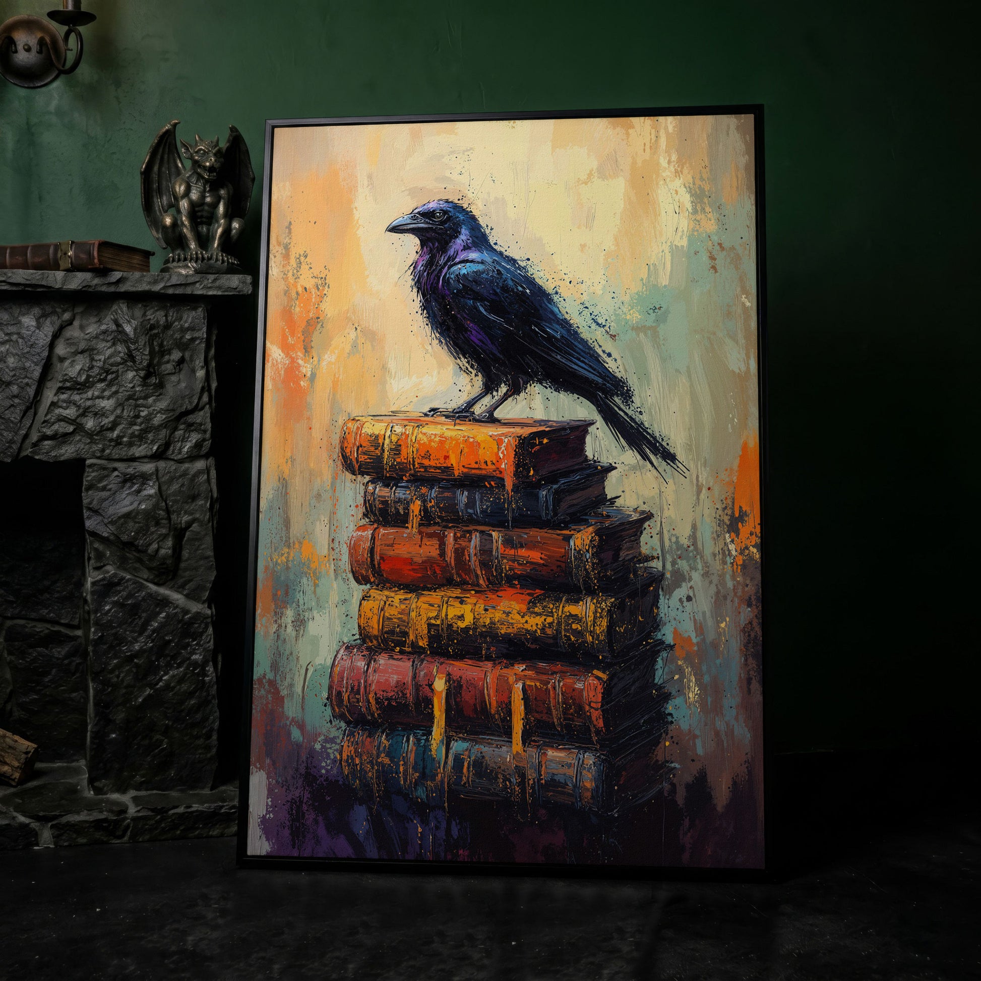 Black Raven on Book Stack Canvas in black floating frame