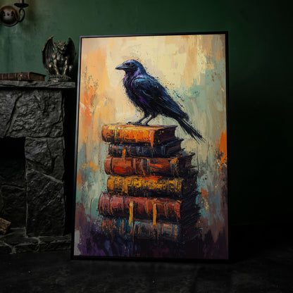 Black Raven on Book Stack Canvas in black floating frame