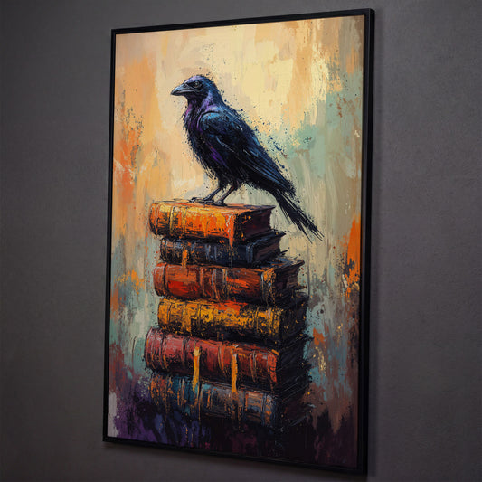 Black Raven on Book Stack Canvas shown in black floating frame