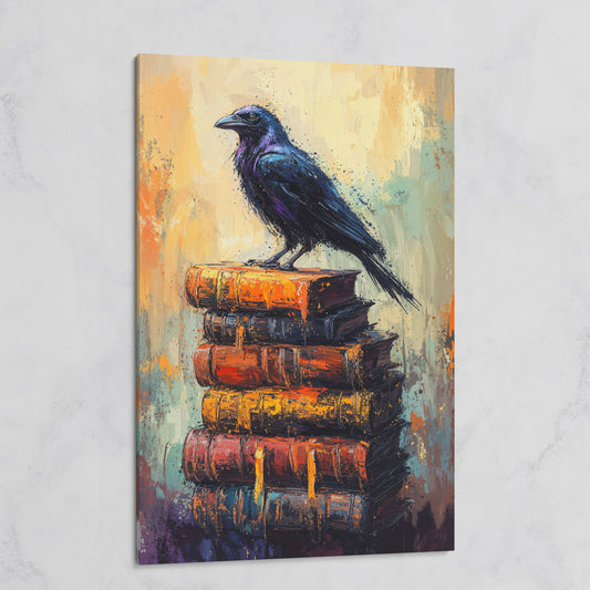 Black Raven on Book Stack Canvas on gallery wrap