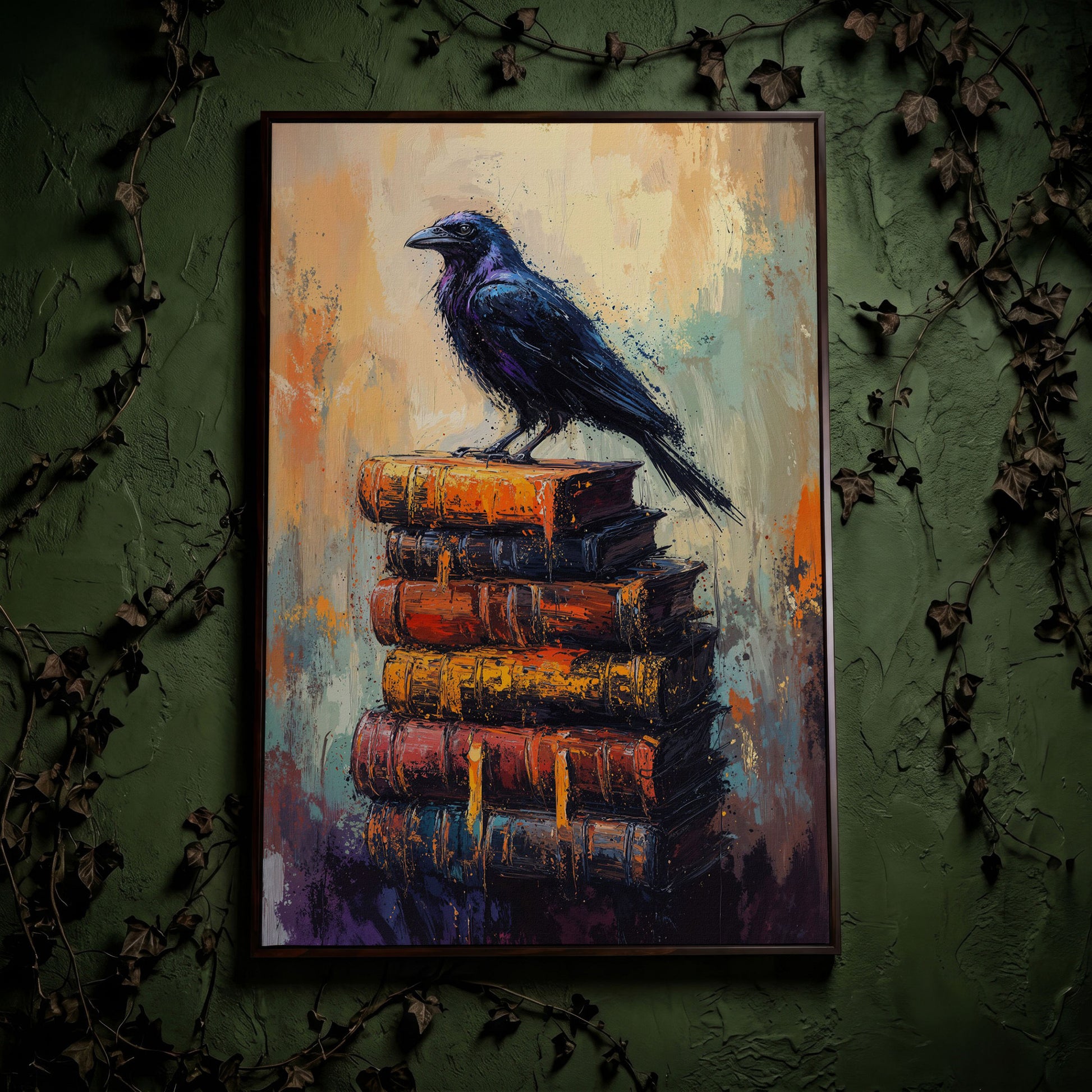 Black Raven on Book Stack Canvas in dark walnut floating frame