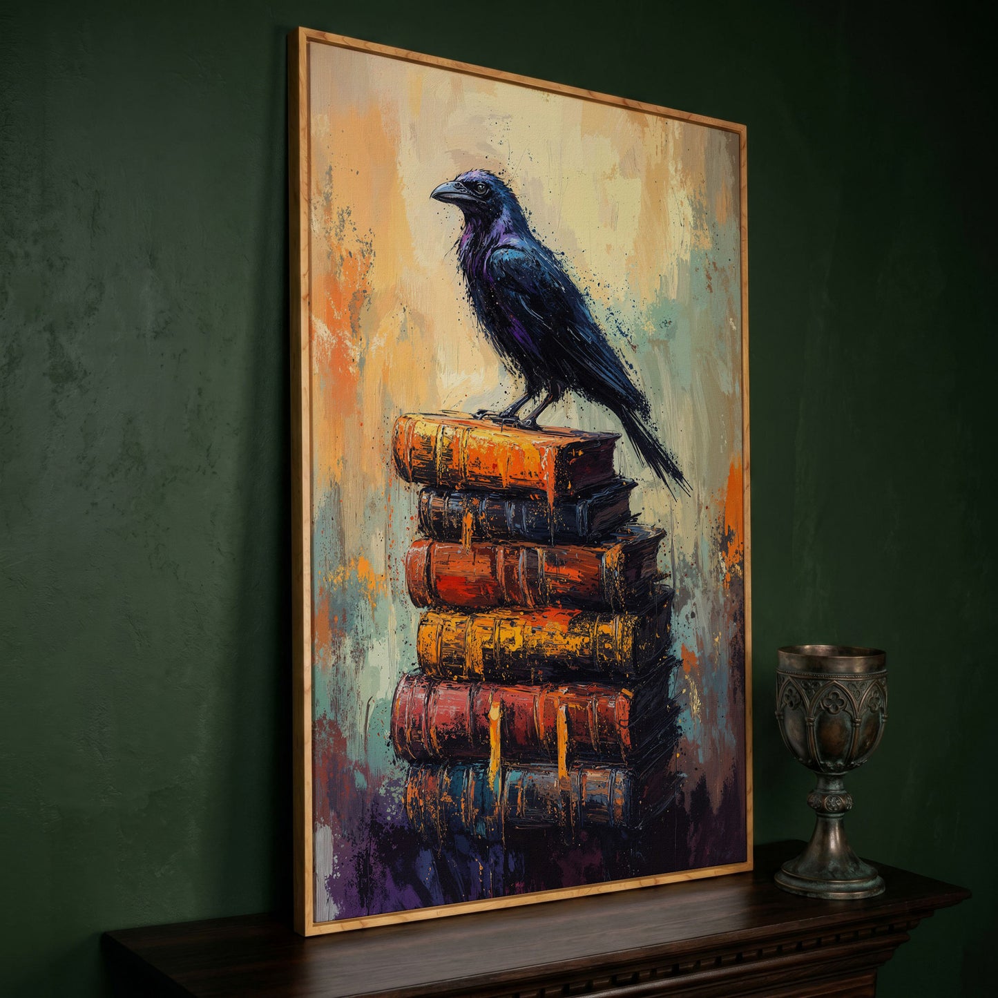 Black Raven on Book Stack Canvas in white oak floating frame