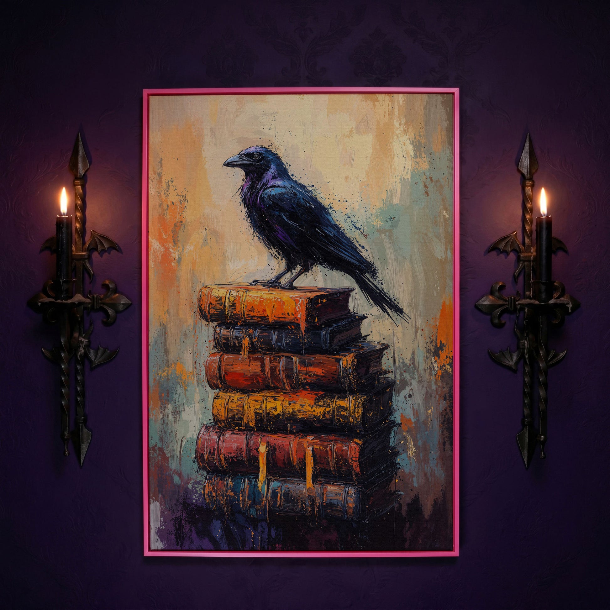 Black Raven on Book Stack Canvas in pink floating frame