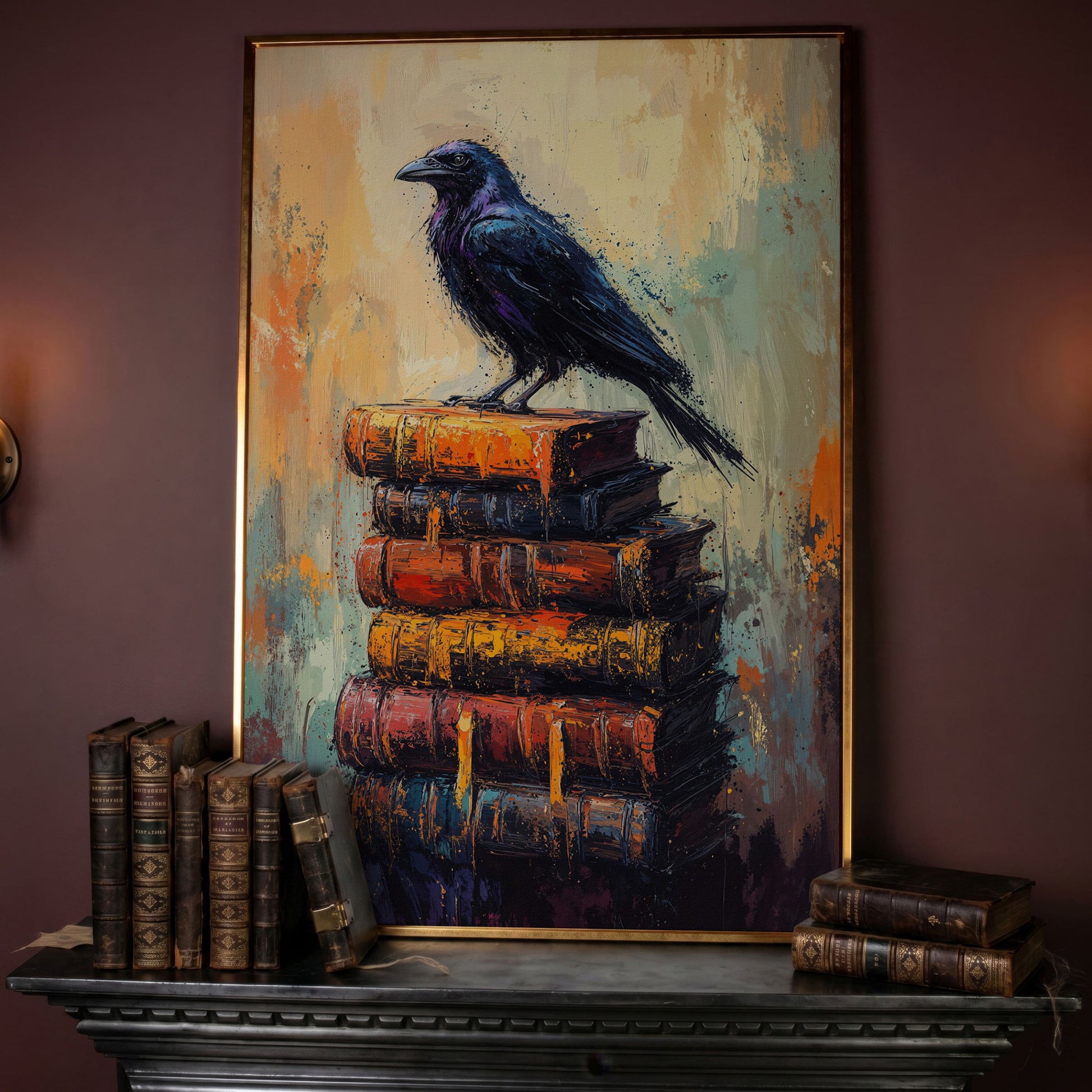 Black Raven on Book Stack Canvas in rose gold floating frame