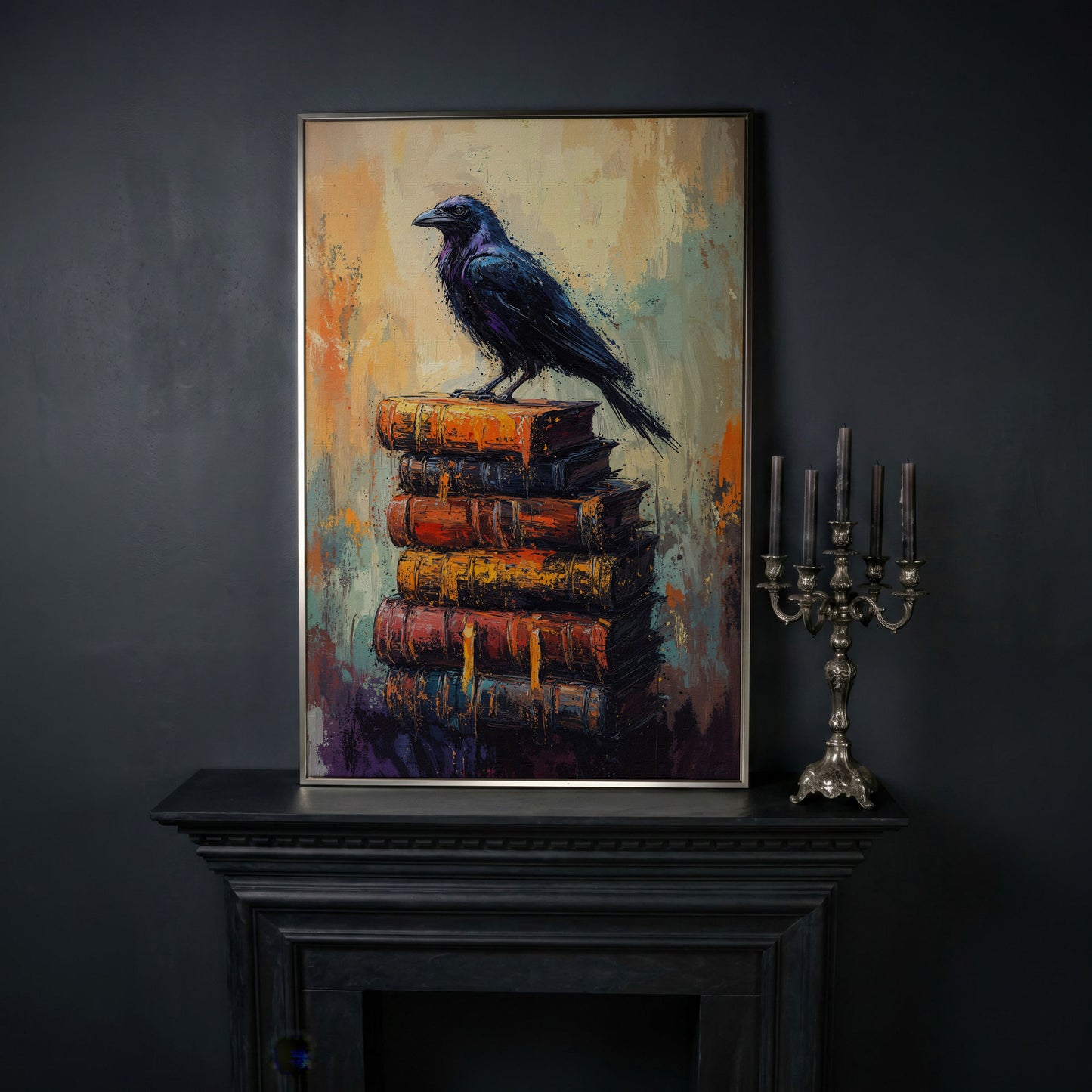 Black Raven on Book Stack Canvas in silver floating frame