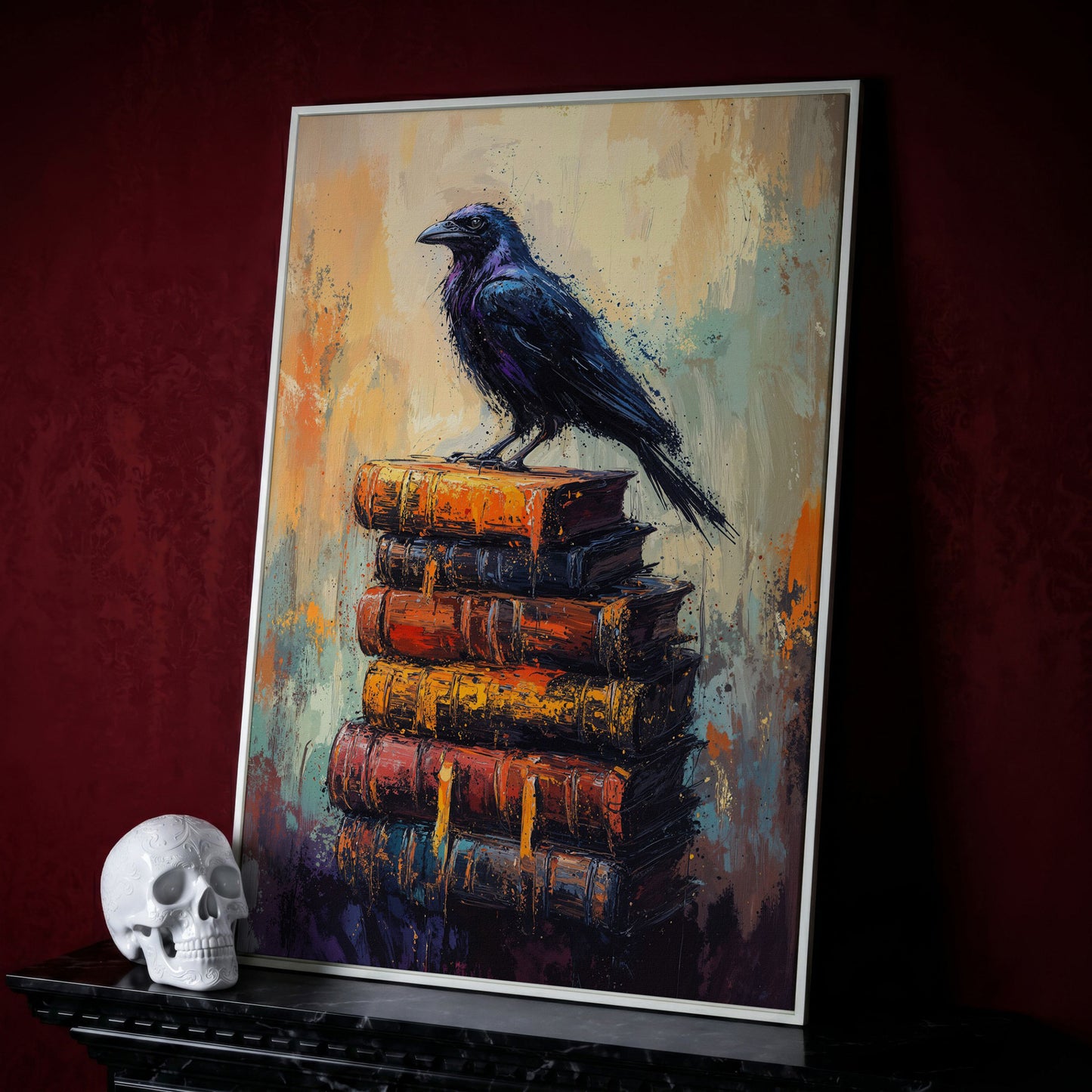 Black Raven on Book Stack Canvas in white floating frame