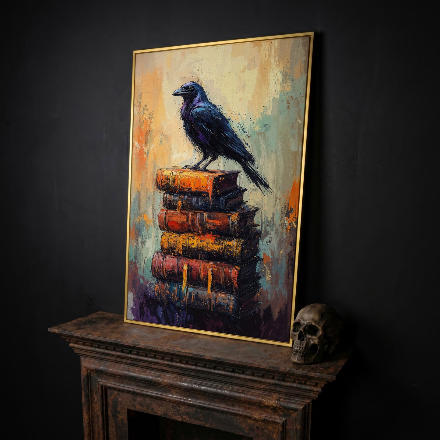 Black Raven on Book Stack Canvas in yellow gold floating frame