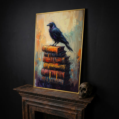 Black Raven on Book Stack Canvas in yellow gold floating frame