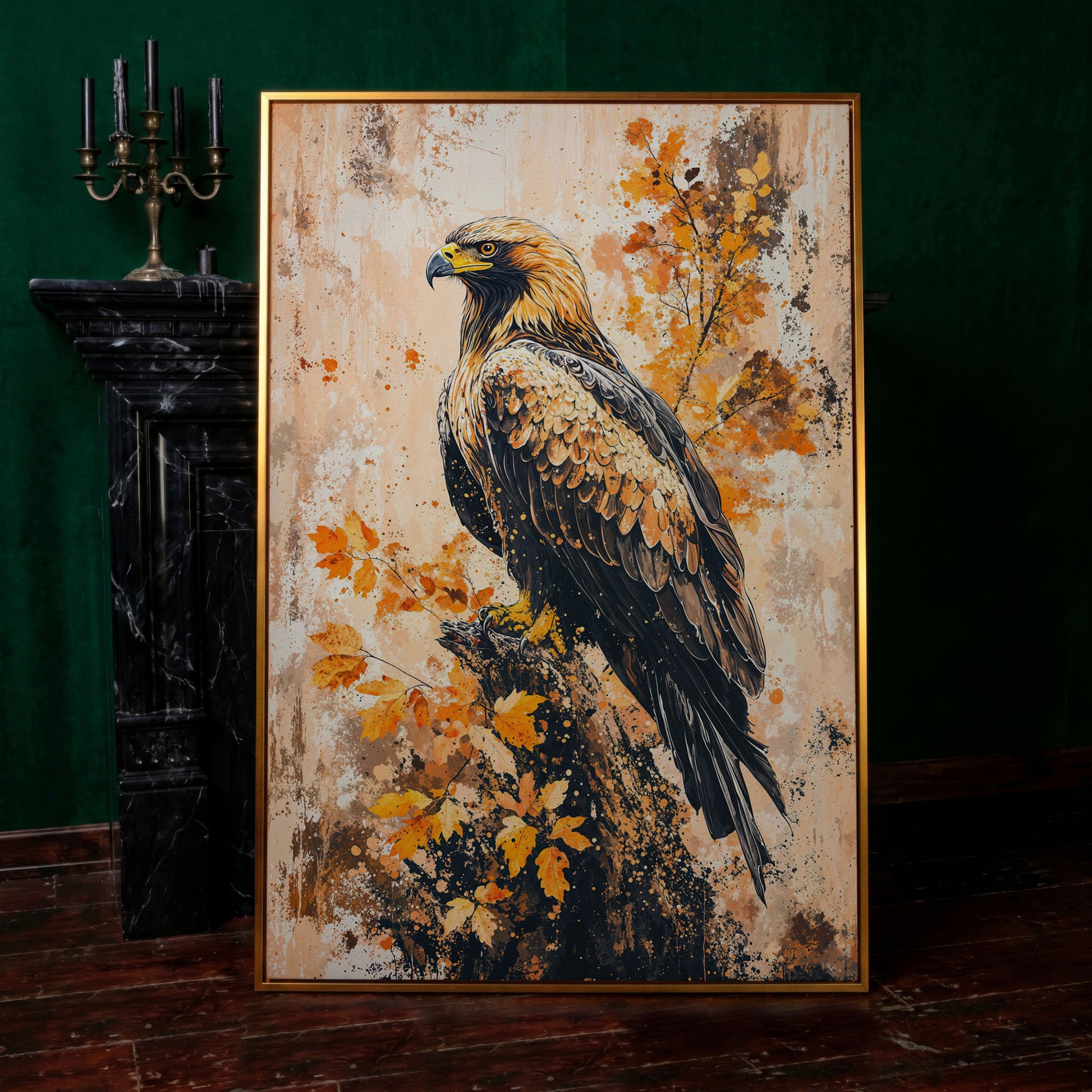 Majestic Eagle in Golden Foliage Canvas Print in antique gold floating frame