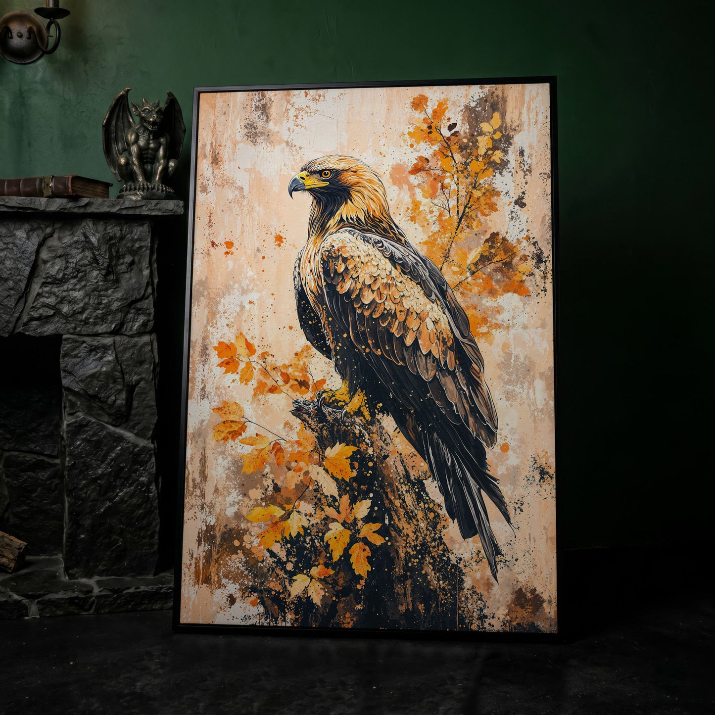 Majestic Eagle in Golden Foliage Canvas Print in black floating frame