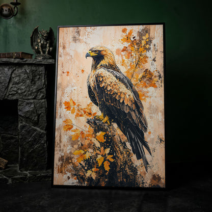 Majestic Eagle in Golden Foliage Canvas Print in black floating frame