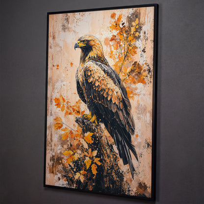 Majestic Eagle in Golden Foliage Canvas Print shown in black floating frame