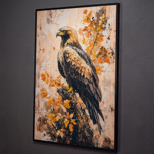 Majestic Eagle in Golden Foliage Canvas Print shown in black floating frame