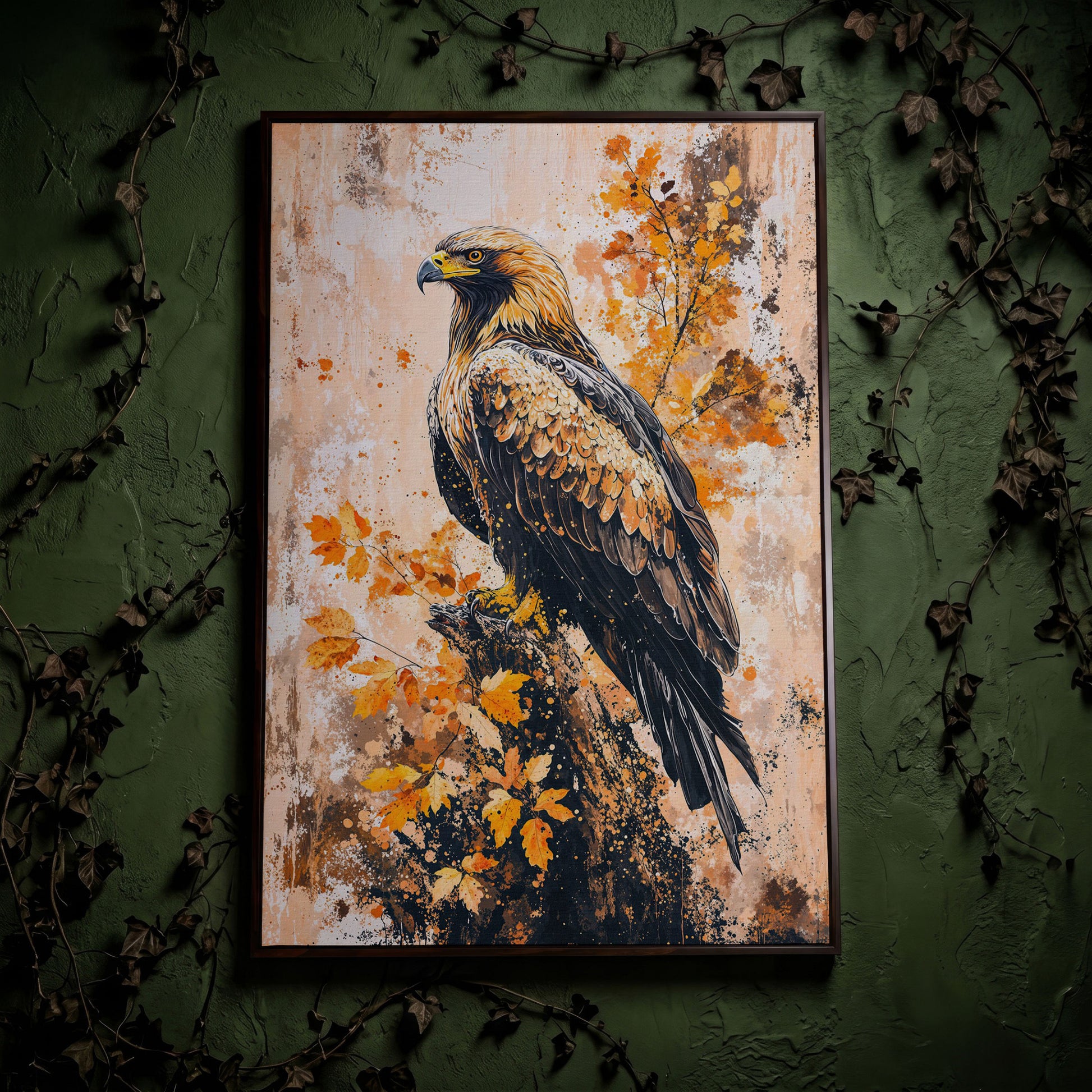 Majestic Eagle in Golden Foliage Canvas Print in dark walnut floating frame