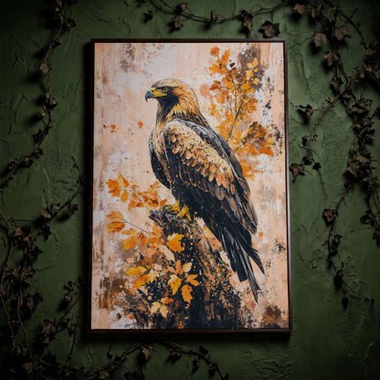 Majestic Eagle in Golden Foliage Canvas Print in dark walnut floating frame