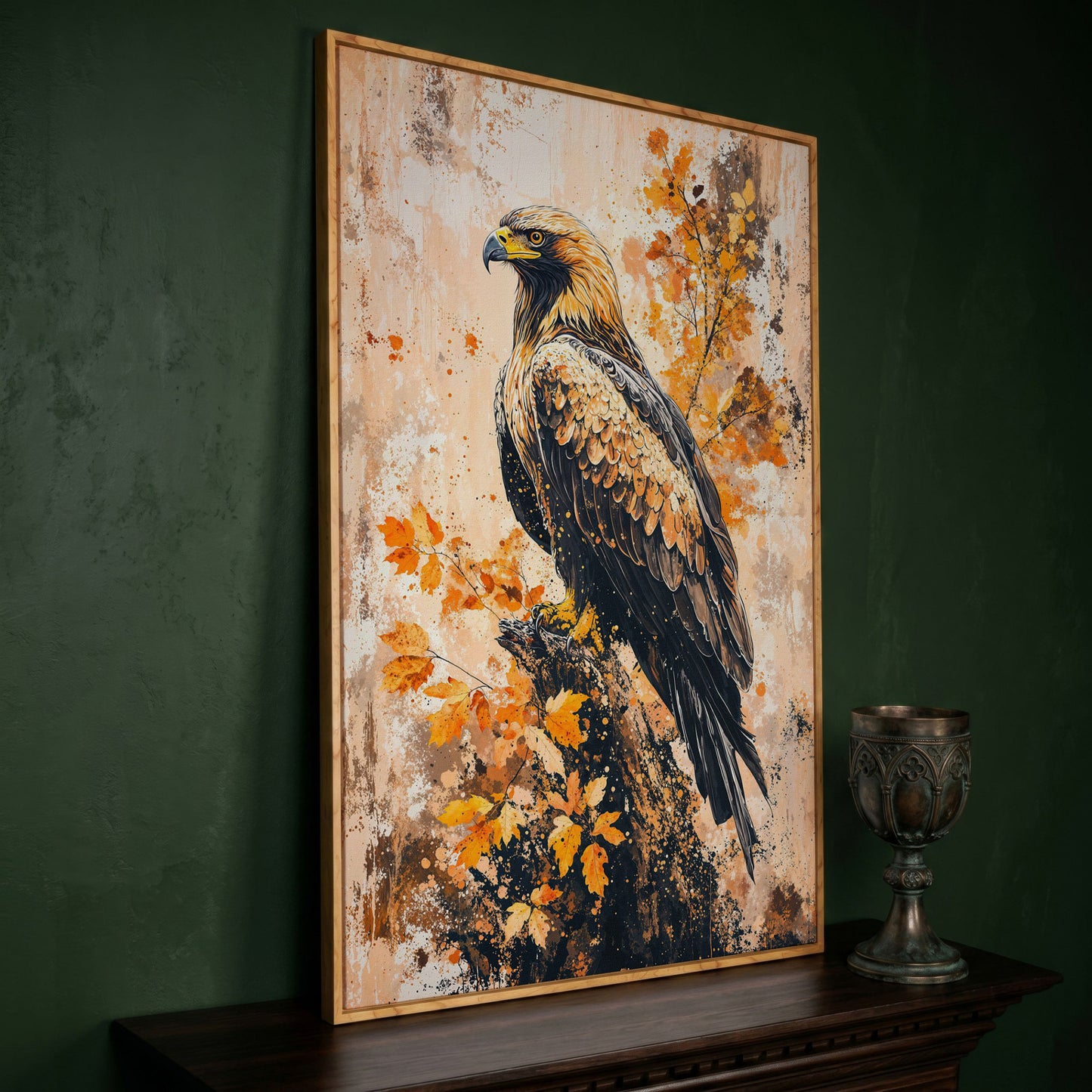Majestic Eagle in Golden Foliage Canvas Print in white oak floating frame