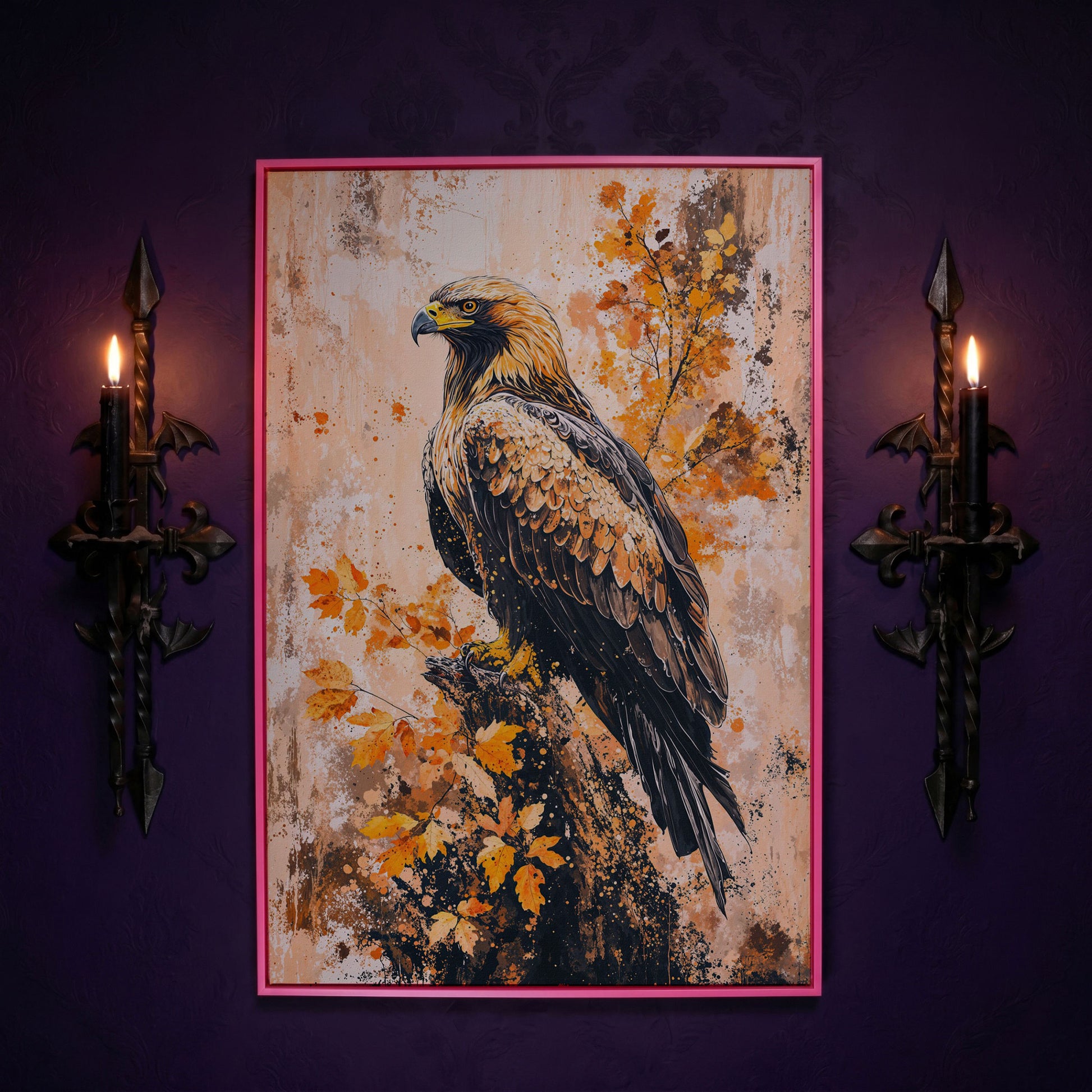 Majestic Eagle in Golden Foliage Canvas Print in pink floating frame