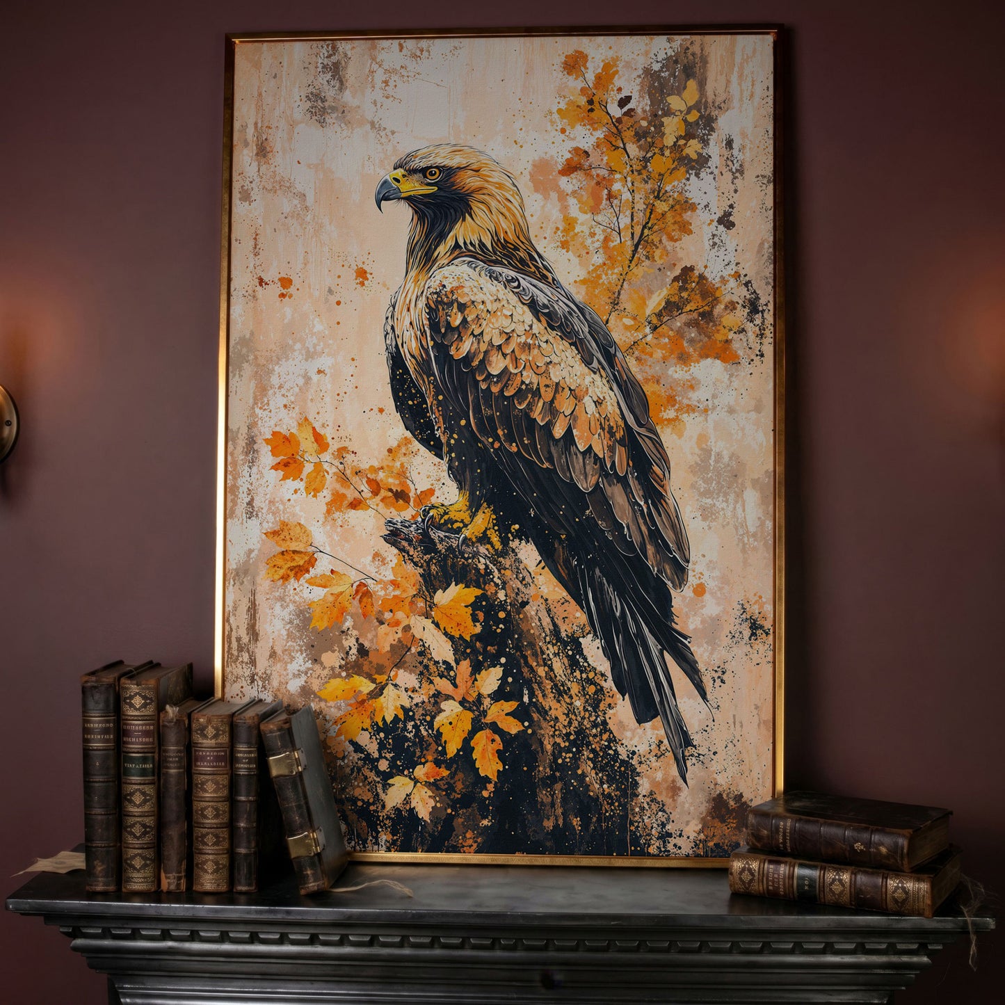 Majestic Eagle in Golden Foliage Canvas Print in rose gold floating frame