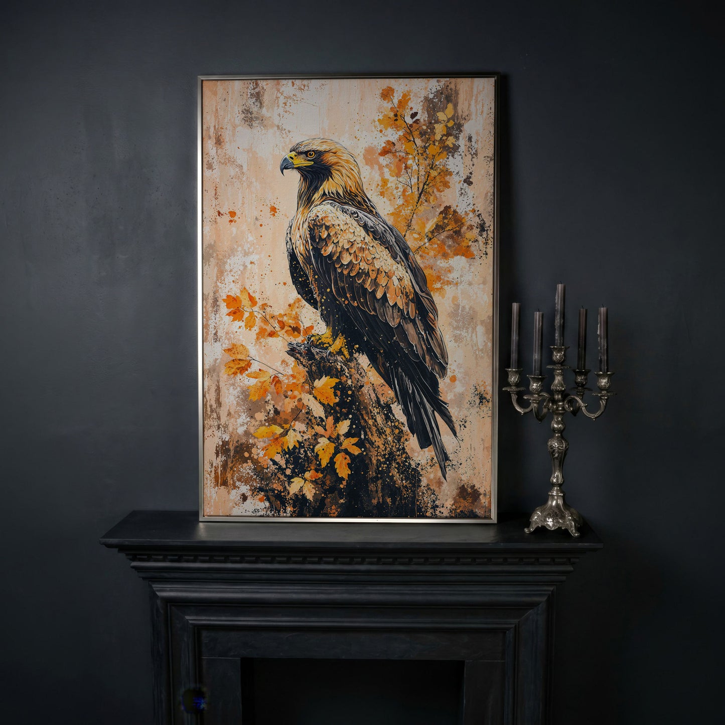 Majestic Eagle in Golden Foliage Canvas Print in silver floating frame