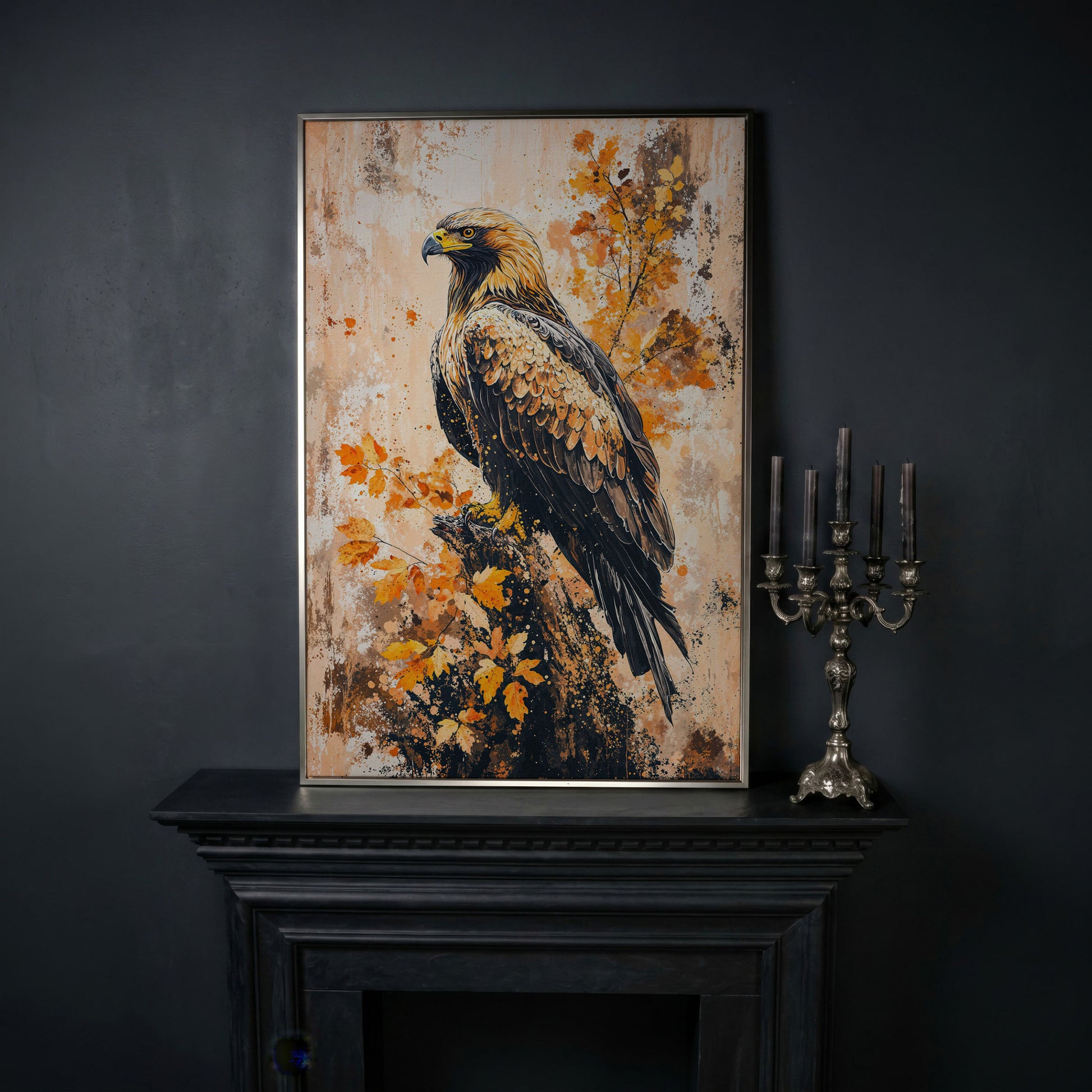 Majestic Eagle in Golden Foliage Canvas Print in silver floating frame