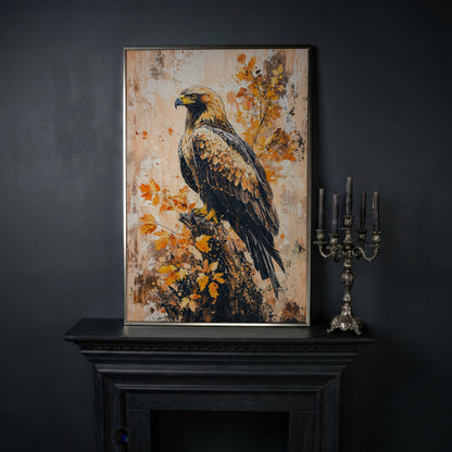 Majestic Eagle in Golden Foliage Canvas Print in silver floating frame