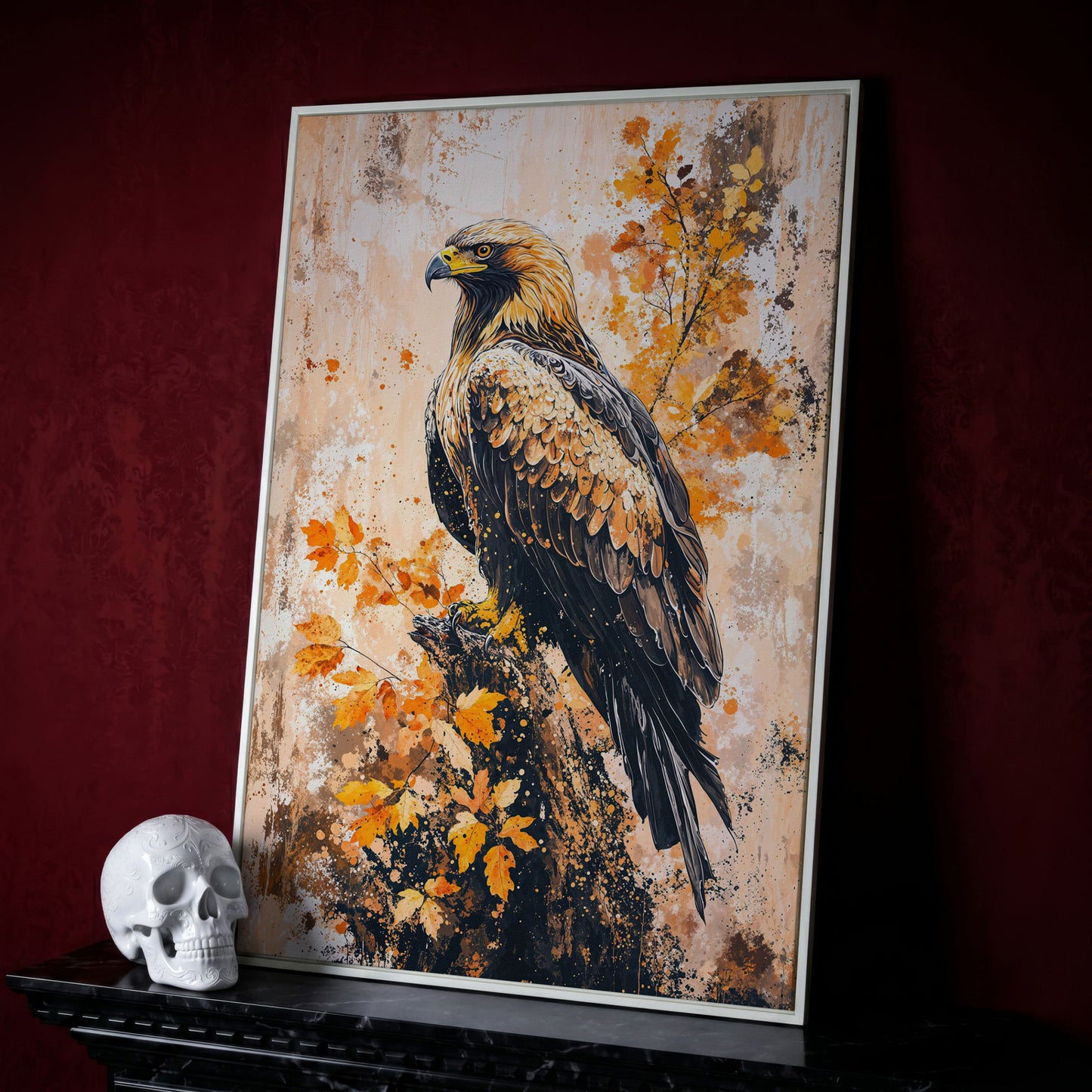 Majestic Eagle in Golden Foliage Canvas Print in white floating frame
