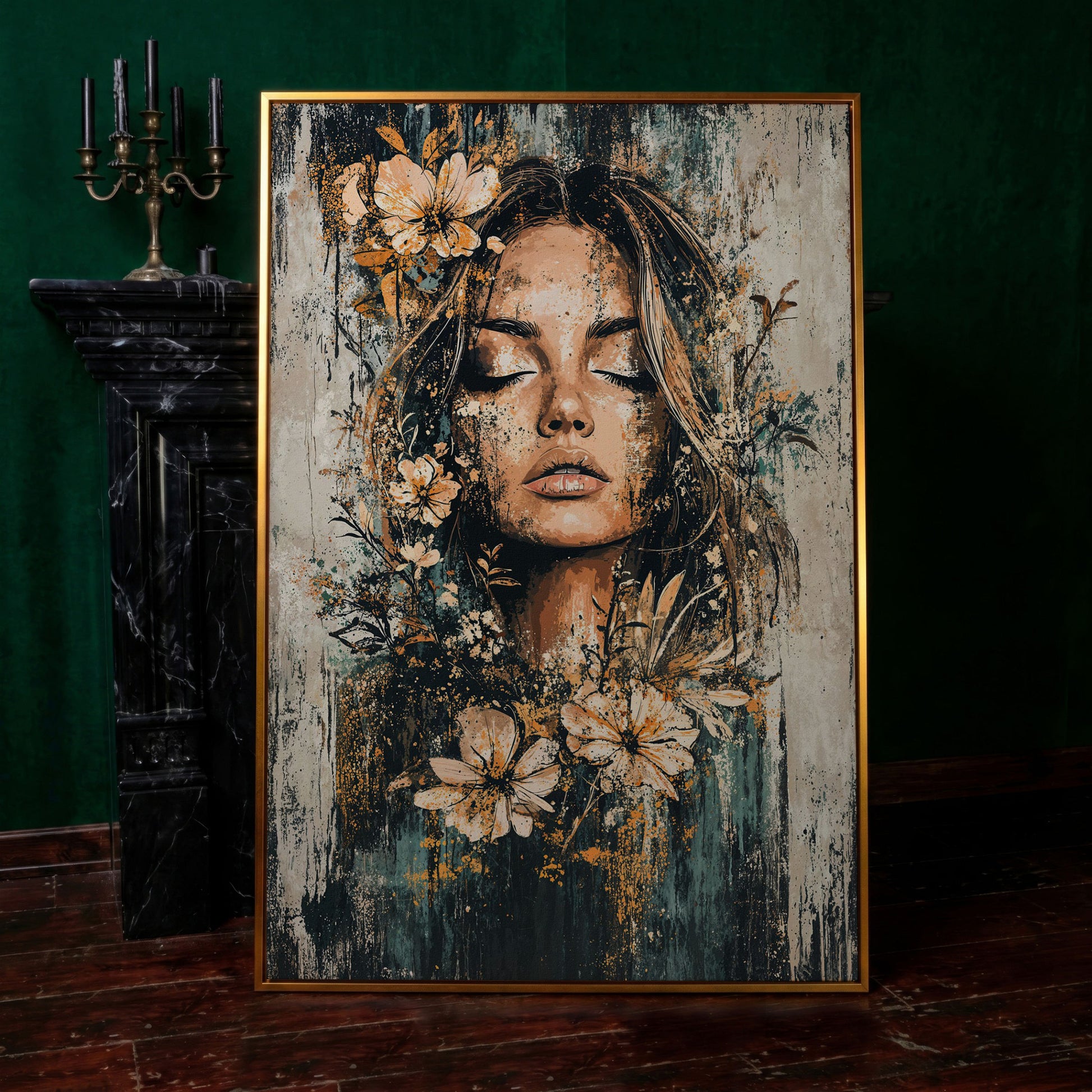 Abstract Floral Woman Portrait Canvas Print in Burnt Sienna & Teal in antique gold floating frame