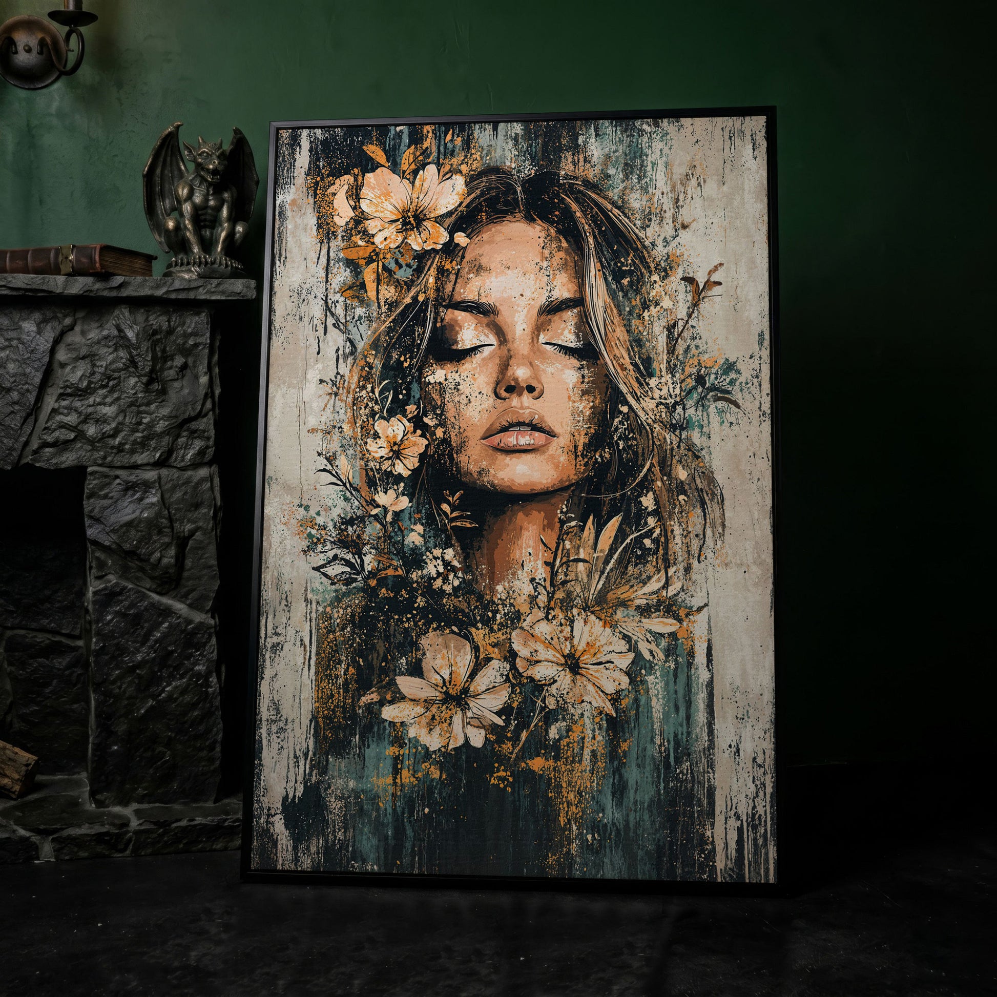 Abstract Floral Woman Portrait Canvas Print in Burnt Sienna & Teal in black floating frame