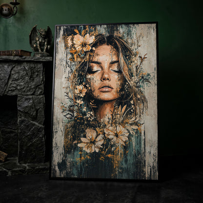 Abstract Floral Woman Portrait Canvas Print in Burnt Sienna & Teal in black floating frame