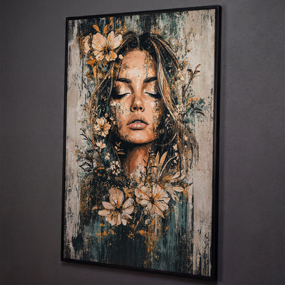 Abstract Floral Woman Portrait Canvas Print in Burnt Sienna & Teal shown in black floating frame