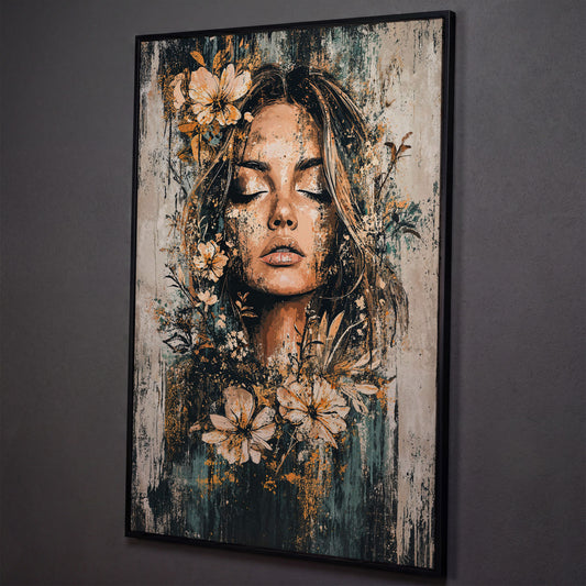 Abstract Floral Woman Portrait Canvas Print in Burnt Sienna & Teal shown in black floating frame
