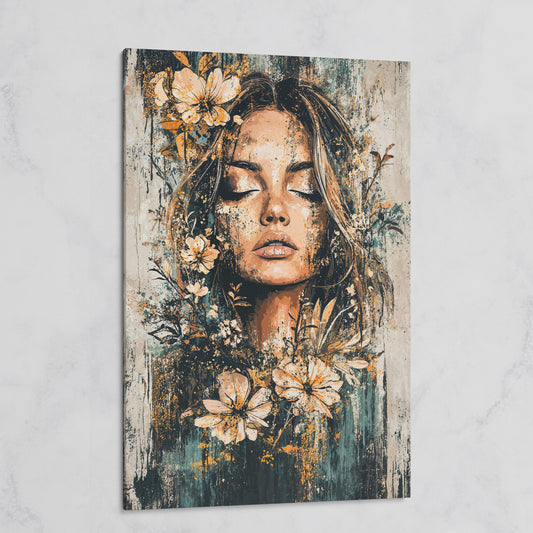 Abstract Floral Woman Portrait Canvas Print in Burnt Sienna & Teal on gallery wrap