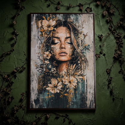 Abstract Floral Woman Portrait Canvas Print in Burnt Sienna & Teal in dark walnut floating frame