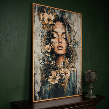Abstract Floral Woman Portrait Canvas Print in Burnt Sienna & Teal in white oak floating frame