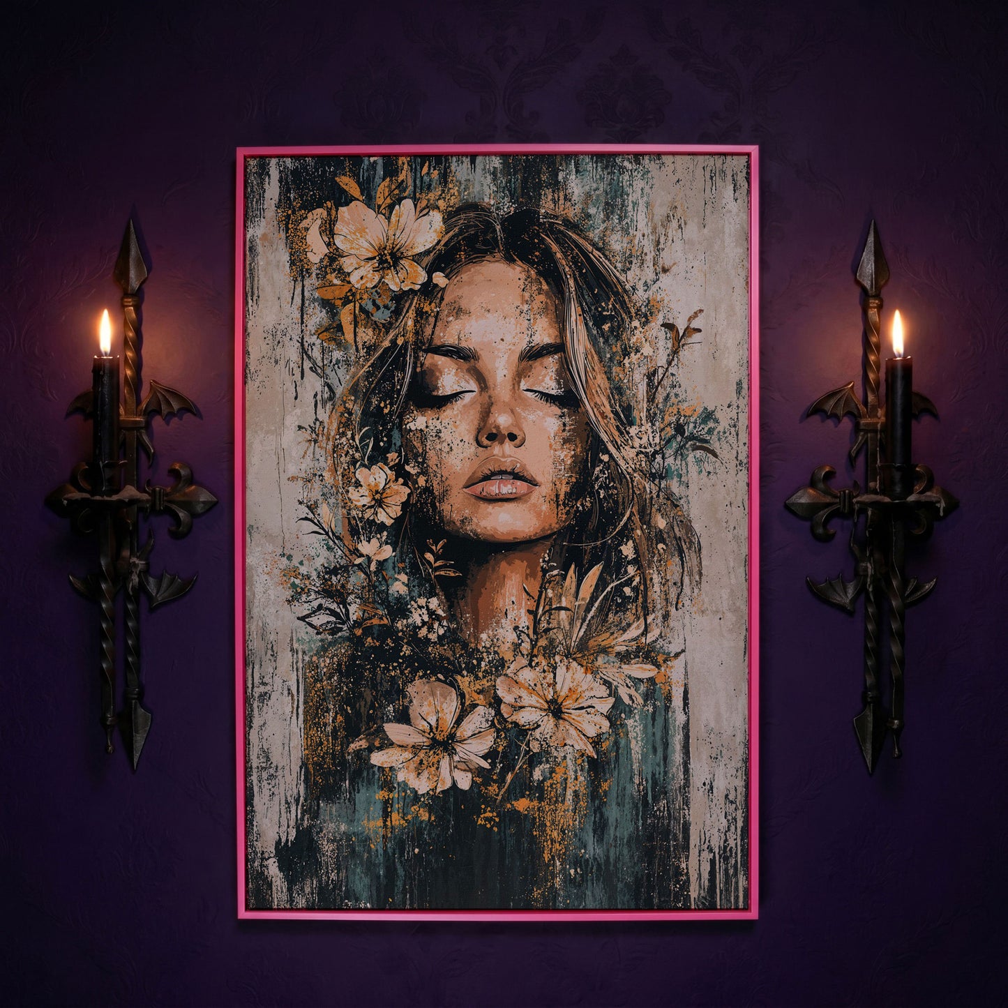 Abstract Floral Woman Portrait Canvas Print in Burnt Sienna & Teal in pink floating frame